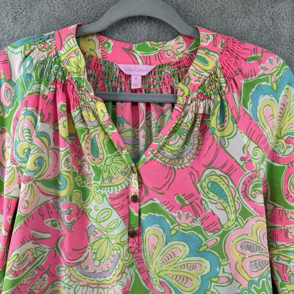 Lilly Pulitzer Top XS Silk Elsa Chin Chin Elephant Pink Ballon Sleeve V-Neck - Picture 3 of 16